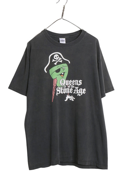00s ★ クイーンズオブザストーンエイジ キャラクター イラスト プリント Tシャツ メンズ L 古着 当時物 オールド バンド ロック パンク 黒