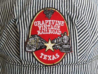 90s USA製 ヒッコリー ストライプ レイルロード キャップ フリーサイズ 帽子 オールド ワッペン 刺繍 ロゴ ワークキャップ ワンポイント