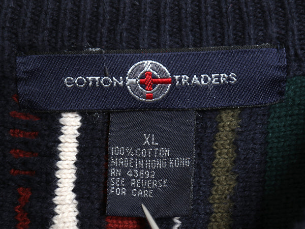 90s COTTON TRADERS 3D 立体編み デザイン ニット セーター メンズ XL 古着 オールド コットン 長袖ニット クルーネック 大きいサイズ 総柄