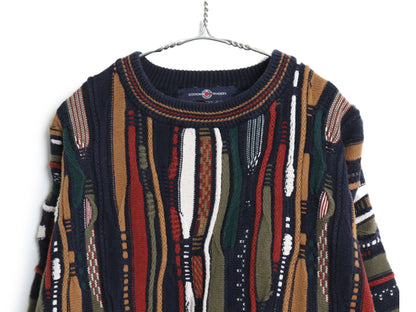 90s COTTON TRADERS 3D 立体編み デザイン ニット セーター メンズ XL 古着 オールド コットン 長袖ニット クルーネック 大きいサイズ 総柄