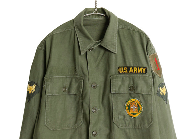 60s 米軍実物 US ARMY コットン サテン ユーティリティ シャツ L 程 ヴィンテージ 62年製 OG107 筒袖 1st 後期 ミリタリー 軍物 ワッペン