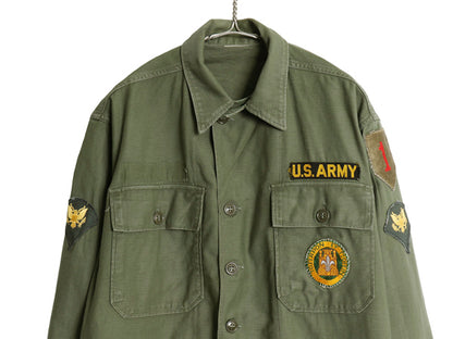 60s 米軍実物 US ARMY コットン サテン ユーティリティ シャツ L 程 ヴィンテージ 62年製 OG107 筒袖 1st 後期 ミリタリー 軍物 ワッペン