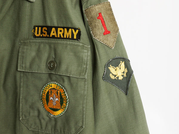 60s 米軍実物 US ARMY コットン サテン ユーティリティ シャツ L 程 ヴィンテージ 62年製 OG107 筒袖 1st 後期 ミリタリー 軍物 ワッペン
