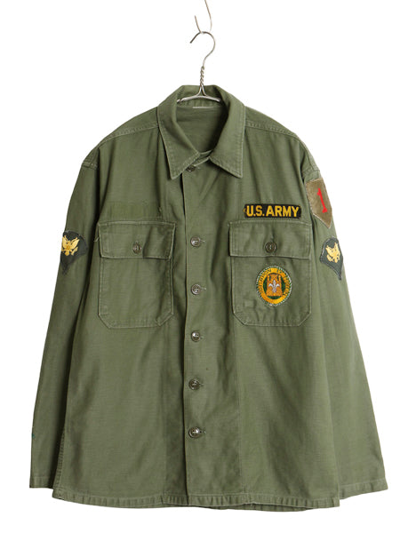 60s 米軍実物 US ARMY コットン サテン ユーティリティ シャツ L 程 ヴィンテージ 62年製 OG107 筒袖 1st 後期 ミリタリー 軍物 ワッペン