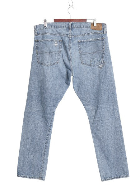 ポロ ラルフローレン デニム パンツ メンズ 36 32 古着 リペア ヴィンテージ 加工 ジーンズ ジーパン ストレート ヒゲ 革パッチ クラッシュ
