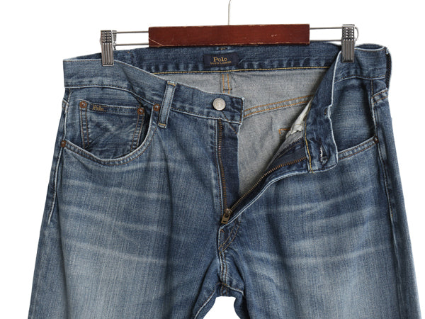 ポロ ラルフローレン デニム パンツ メンズ 32 32 ヴィンテージ 加工 ジーンズ ジーパン スリム ストレート 革パッチ ボトムス ヒゲ アタリ