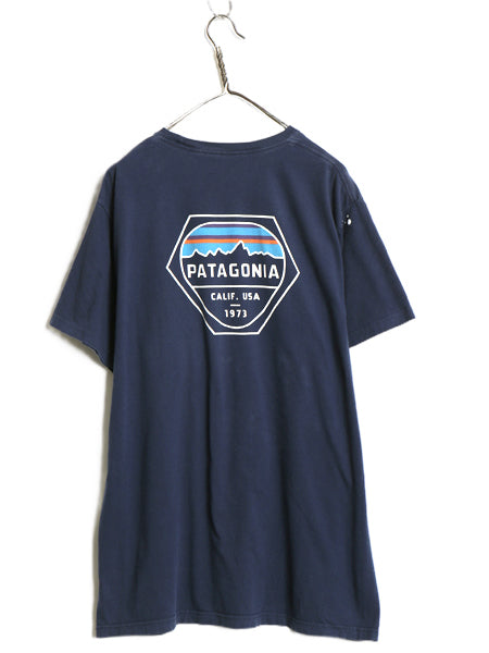パタゴニア ポケット付き プリント 半袖 Tシャツ メンズ XL 18年製 アウトドア ポケT カットソー イラスト バックプリント 大きいサイズ 紺