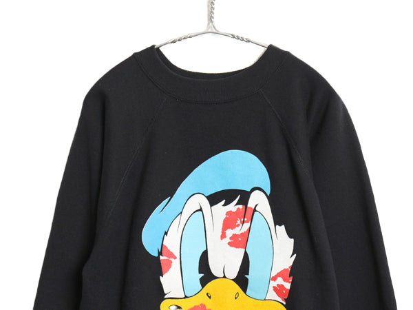 80s ドナルドダック イラスト プリント スウェット メンズ M レディース L 程 ヴィンテージ ディズニー オフィシャル トレーナー 裏起毛 黒