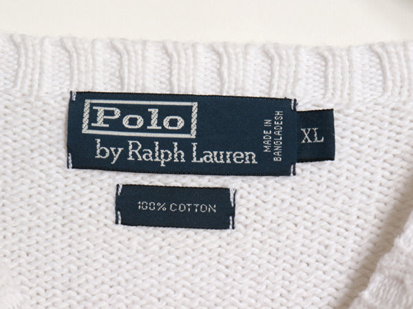 90s ポロ ラルフローレン コットン ニット セーター メンズ XL オールド クルーネック ワンポイント ポニー 刺繍 リブ編み 大きいサイズ 白