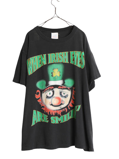 90s ★ アイリッシュ ジョーク イラスト プリント Tシャツ メンズ XL 古着 オールド シングルステッチ キャラクター 大きいサイズ ブラック