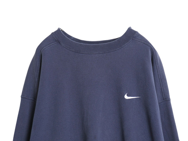 90s ナイキ スモール スウッシュ 刺繍 スウェット メンズ XXL / オールド 裏起毛 トレーナー クルーネック ワンポイント 大きいサイズ 紺