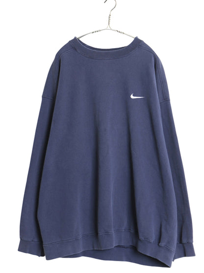 90s ナイキ スモール スウッシュ 刺繍 スウェット メンズ XXL / オールド 裏起毛 トレーナー クルーネック ワンポイント 大きいサイズ 紺