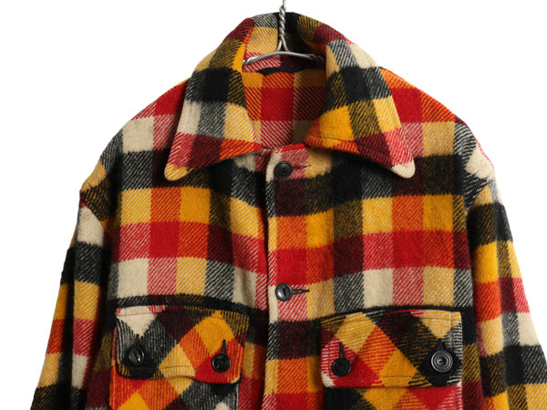 40s ★ ブロック チェック ウール シャツ ジャケット メンズ L 程 ヴィンテージ 4ポケット ボックス ブルゾン ヘビーウェイト マルチカラー