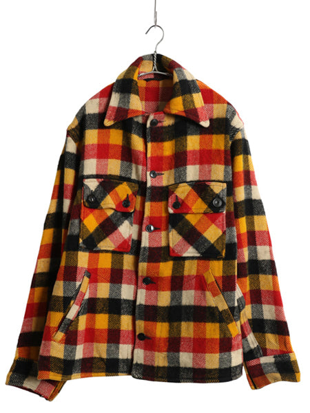 40s ★ ブロック チェック ウール シャツ ジャケット メンズ L 程 ヴィンテージ 4ポケット ボックス ブルゾン ヘビーウェイト マルチカラー