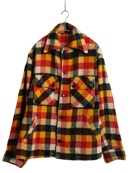 40s ★ ブロック チェック ウール シャツ ジャケット メンズ L 程 ヴィンテージ 4ポケット ボックス ブルゾン ヘビーウェイト マルチカラー