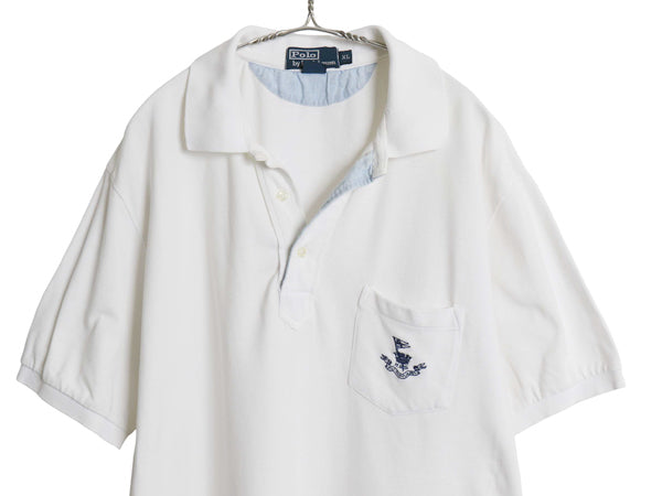 90s ポロ ラルフローレン 鹿の子 半袖 ポロシャツ メンズ XL / オールド 半袖シャツ コットン ワンポイント ポケット付き 大きいサイズ 白
