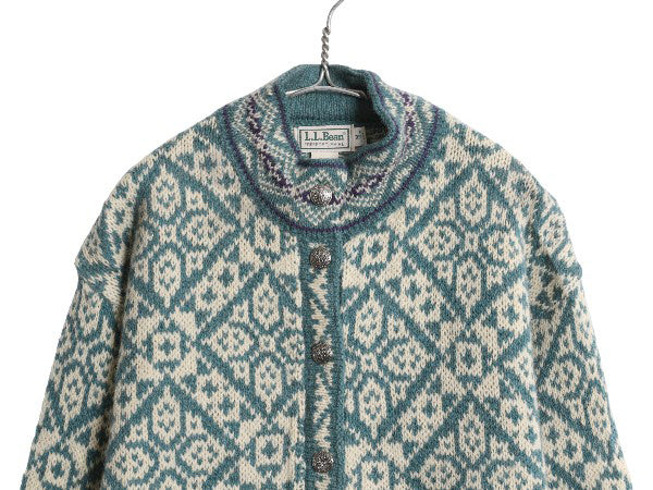 80s USA製 エルエルビーン ノルディック ニット カーディガン レディース M ヴィンテージ ウール セーター 羽織り 前開き バーズアイ 総柄
