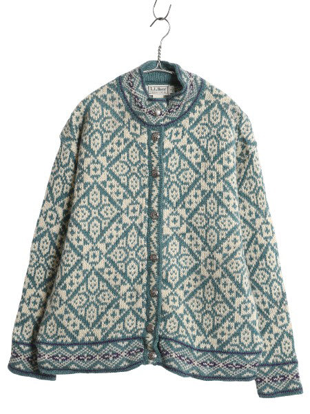 80s USA製 エルエルビーン ノルディック ニット カーディガン レディース M ヴィンテージ ウール セーター 羽織り 前開き バーズアイ 総柄