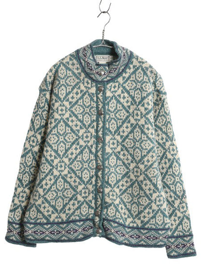 80s USA製 エルエルビーン ノルディック ニット カーディガン レディース M ヴィンテージ ウール セーター 羽織り 前開き バーズアイ 総柄