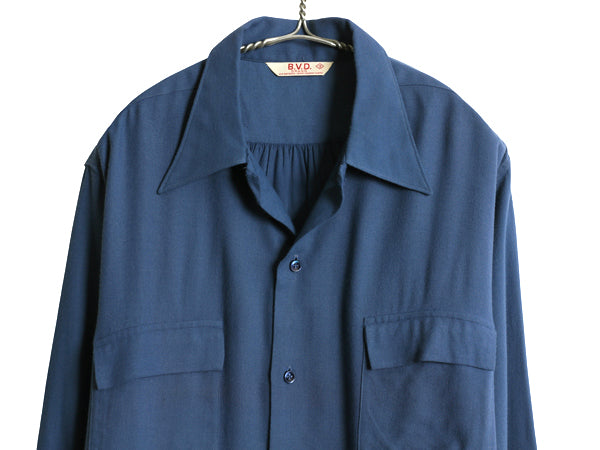 デッドストック 40s ★ BVD レーヨン シャツ 15 16 メンズ L 程/ 新品 USA製 ヴィンテージ 長袖シャツ ボックス フラップポケット 無地 青
