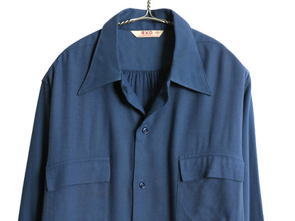 デッドストック 40s ★ BVD レーヨン シャツ 15 16 メンズ L 程/ 新品 USA製 ヴィンテージ 長袖シャツ ボックス フラップポケット 無地 青