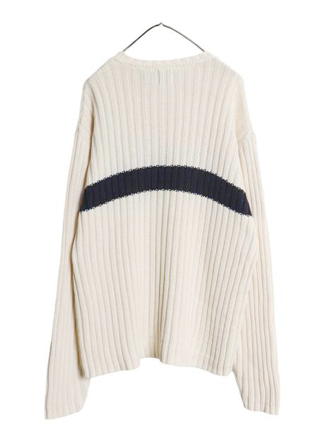 00s オールド ギャップ コットン ニット セーター メンズ L 古着 リブ編み ローゲージ ボーダー カットソー ツートン ナチュラル ネイビー