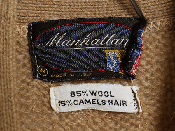 60s USA製 ★ Manhattan ウール x キャメル ヘアー ニット カーディガン メンズ M ヴィンテージ セーター ポケット付き 前開き 羽織り 無地