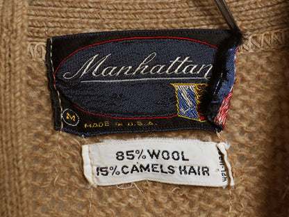 60s USA製 ★ Manhattan ウール x キャメル ヘアー ニット カーディガン メンズ M ヴィンテージ セーター ポケット付き 前開き 羽織り 無地