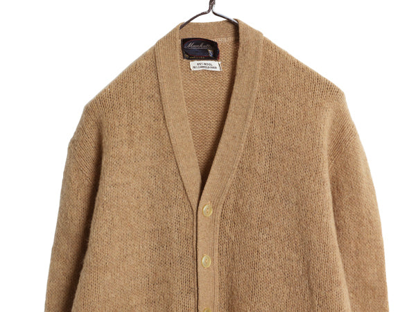 60s USA製 ★ Manhattan ウール x キャメル ヘアー ニット カーディガン メンズ M ヴィンテージ セーター ポケット付き 前開き 羽織り 無地