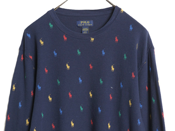 ポロ ラルフローレン 長袖 サーマル Tシャツ メンズ L / ロンT ワッフル コットン カットソー ポニー モノグラム 総柄 インナー ネイビー