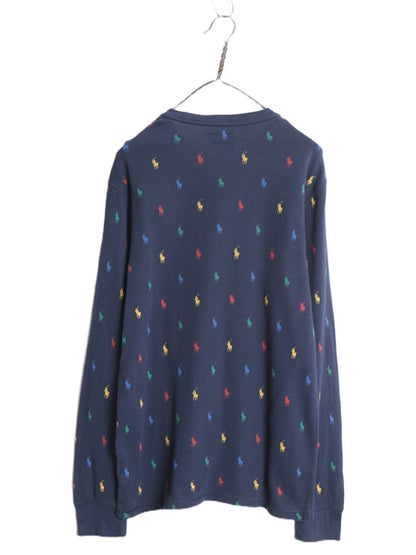 ポロ ラルフローレン 長袖 サーマル Tシャツ メンズ L / ロンT ワッフル コットン カットソー ポニー モノグラム 総柄 インナー ネイビー