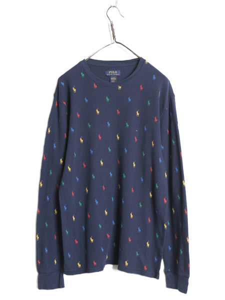 ポロ ラルフローレン 長袖 サーマル Tシャツ メンズ L / ロンT ワッフル コットン カットソー ポニー モノグラム 総柄 インナー ネイビー