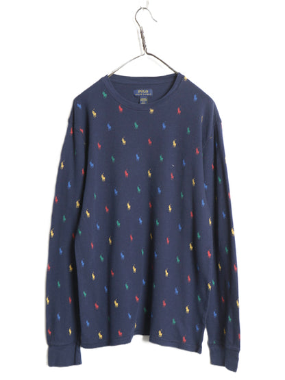 ポロ ラルフローレン 長袖 サーマル Tシャツ メンズ L / ロンT ワッフル コットン カットソー ポニー モノグラム 総柄 インナー ネイビー