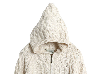 アイルランド製 Carraig Donn フィッシャーマン フルジップ ニット パーカー レディース S メリノ ウール ハンドメイド セーター ケーブル
