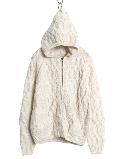 アイルランド製 Carraig Donn フィッシャーマン フルジップ ニット パーカー レディース S メリノ ウール ハンドメイド セーター ケーブル