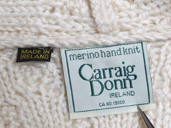 アイルランド製 Carraig Donn フィッシャーマン フルジップ ニット パーカー レディース S メリノ ウール ハンドメイド セーター ケーブル
