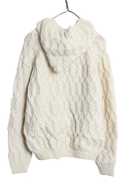 アイルランド製 Carraig Donn フィッシャーマン フルジップ ニット パーカー レディース S メリノ ウール ハンドメイド セーター ケーブル