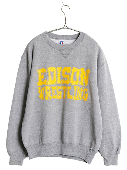 90s USA製 ラッセル 2段 プリント スウェット メンズ M / オールド カレッジ レスリング トレーナー 裏起毛 前V トップス シンプル グレー