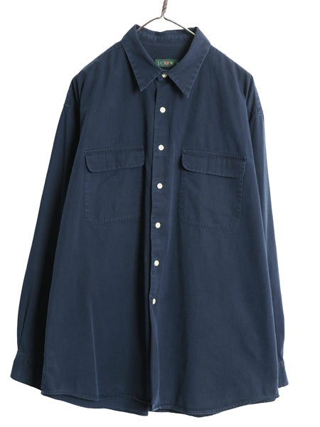 90s ジェイクルー 長袖 シャツ メンズ XL / 古着 オールド 旧タグ ワーク コットン ツイル ポケット付き 無地 厚手 大きいサイズ ネイビー