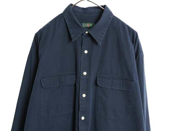 90s ジェイクルー 長袖 シャツ メンズ XL / 古着 オールド 旧タグ ワーク コットン ツイル ポケット付き 無地 厚手 大きいサイズ ネイビー