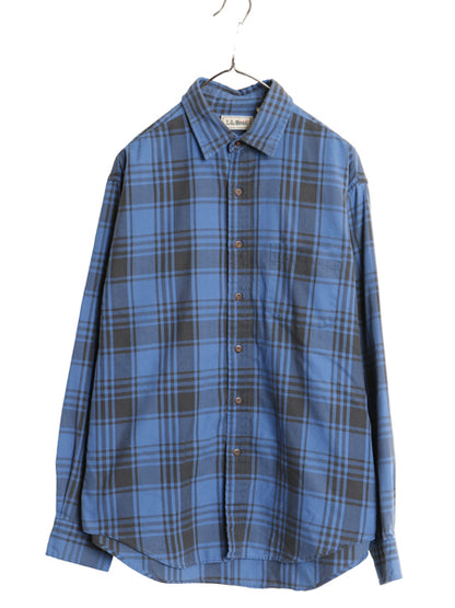 90s エルエルビーン チェック 長袖 シャツ メンズ L / オールド 旧タグ アウトドア コットン ポリ ツイル ネルシャツ マルチカラー 青 黒