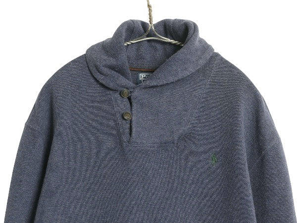 00s ポロ ラルフローレン ショールカラー コットン ニット スウェット メンズ L / リブ編み セーター 本革 レザー エルボーパッチ ネイビー