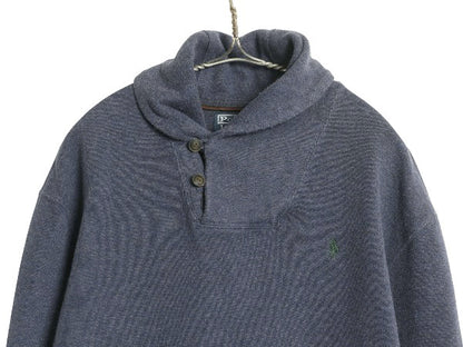 00s ポロ ラルフローレン ショールカラー コットン ニット スウェット メンズ L / リブ編み セーター 本革 レザー エルボーパッチ ネイビー