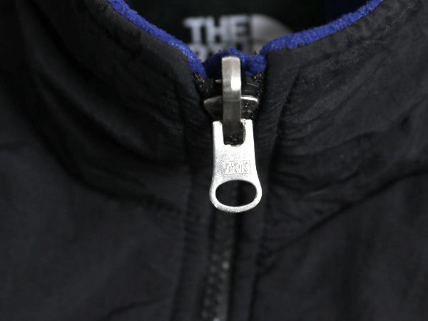 90s USA製 ノースフェイス デナリ ベスト メンズ L / オールド 前開き 重ね着 フルジップ フリース ナイロン ワンポイント ツートン 黒 青