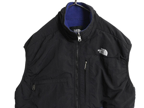 90s USA製 ノースフェイス デナリ ベスト メンズ L / オールド 前開き 重ね着 フルジップ フリース ナイロン ワンポイント ツートン 黒 青