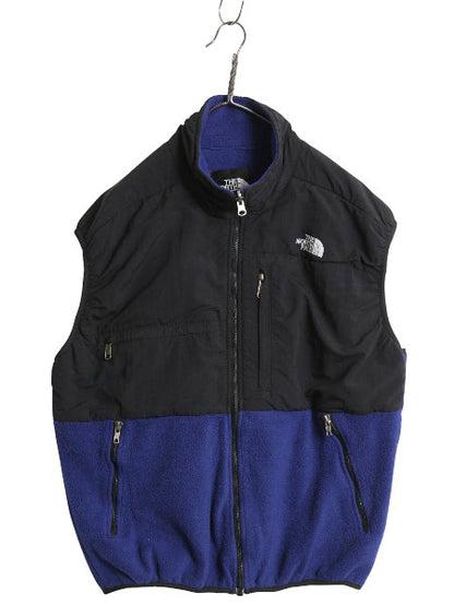 90s USA製 ノースフェイス デナリ ベスト メンズ L / オールド 前開き 重ね着 フルジップ フリース ナイロン ワンポイント ツートン 黒 青