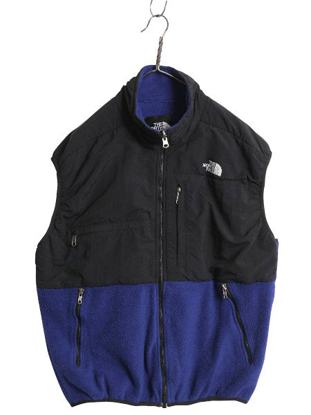 90s USA製 ノースフェイス デナリ ベスト メンズ L / オールド 前開き 重ね着 フルジップ フリース ナイロン ワンポイント ツートン 黒 青