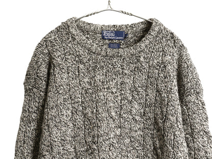 90s ポロ ラルフローレン 杢編み ケーブル ニット セーター メンズ L オールド ウール シルク リネン ヘビーウェイト 無地 黒 灰 シンプル