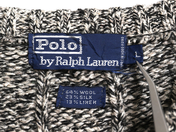 90s ポロ ラルフローレン 杢編み ケーブル ニット セーター メンズ L オールド ウール シルク リネン ヘビーウェイト 無地 黒 灰 シンプル