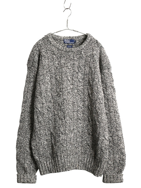 90s ポロ ラルフローレン 杢編み ケーブル ニット セーター メンズ L オールド ウール シルク リネン ヘビーウェイト 無地 黒 灰 シンプル